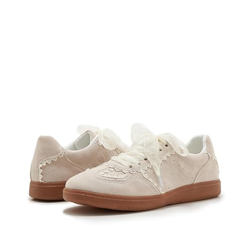 Fashion Sneakers for Women Lace Detail Dual Shoelace Casual Sneaker Elegant Ribbon Lace-Up Retro Low Top Shoes3