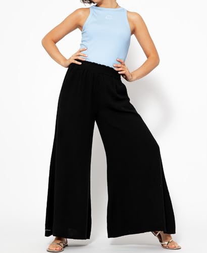 R.Vivimos Women's Cotton Palazzo Pants Casual Elastic High Waisted Loose Flowy Wide Leg Long Trousers Pants with Pockets3