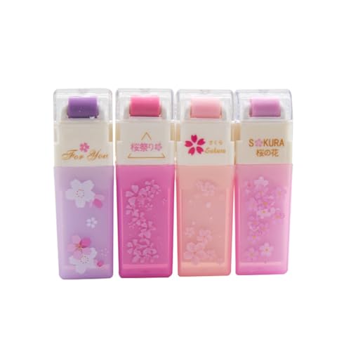 SagaSave 4 Pcs Cute Erasers with Cover and Roller Dual-Head Design Replaceable Fun Eraser (Cherry Blossom Set)