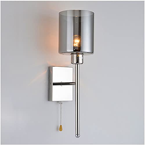 QXXZ LED Wandlampe Wandleuchte Innen Retro Wandbeleuchtung mit E27 Lampenschirm aus Glas Rauchgrau und Zugschalter für Schlafzimmer Wohnzimmer Treppen Café [Energieklasse A+] Cover