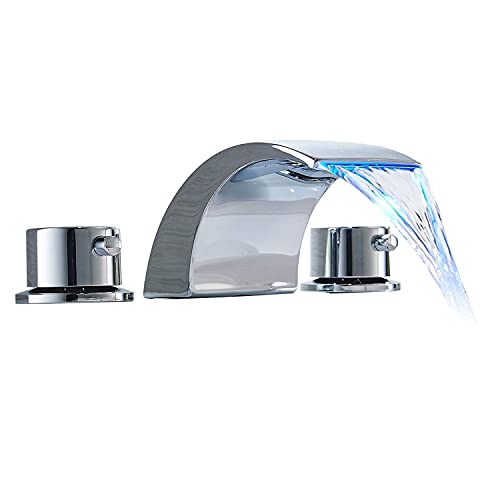 Greenspring Bathroom Faucet 3 Hole Chrome LED Light Widespread Waterfall 2 Handle for Sink Modern Lavatory Commercial Bath Vanity Faucets 8 Inch Brass Mixer Tap Supply Line Lead-Free