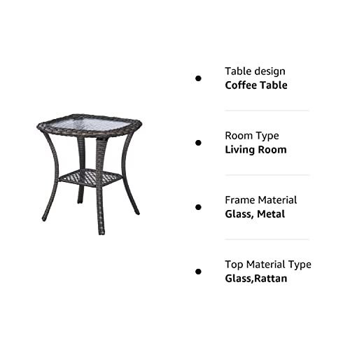 Patio Tables Wicker Side Table - Rattan Coffee Table With Glass Top End Table For Outdoor Outside Patio Porch Square Brown #TOP6