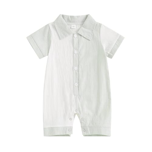 Image of niceclould Baby Boy Vertical Striped Romper with Pockets One Piece Lapel Neck Short Sleeve Buttons Jumpsuit Spring Summer