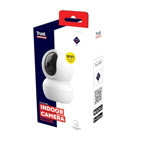 Trust IPCAM-2800 Überwachungskamera Innen 360°, WLAN Kamera mit Nachtsicht, Eingebaute Sirene/Mikrofon, Personenerkennung, Innenkamera mit App-Kontrolle, Smart Home Videoüberwachung, Weiß
