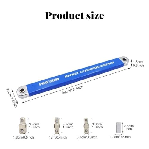 EZGHAR Pro Zero Offset Extension Wrench - 15 Inch, 3/8" Drive, 3 Adapter Set