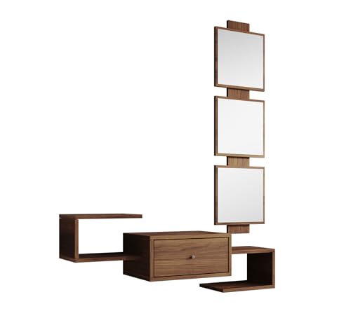 MB Muebles Bonitos, Meuble d’Entrée Mural Neo avec Miroir et Tiroir, Design Moderne Suspendu, Mélamine Mate, Couleur Noyer Ambar, 99.5x145x29.5 cm
