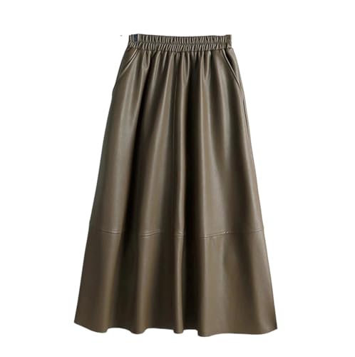 Women's Winter Faux PU Leather Midi Skirt Patchwork High Waist Elegant A-Line Umbrella Skirt with Pockets