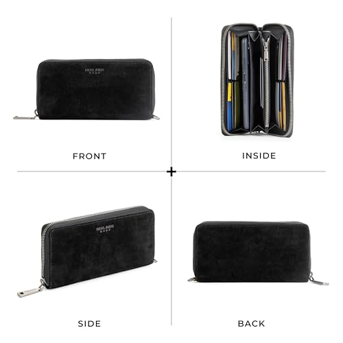 Image of BERLINER BAGS Genuine Leather Zip Wallet Women Lyon, Gift Box - Black | Soft Leather Zip Around Wallet, Fits up to Phone 6.9 inch, 15 Card Slots, 1 ID Window, 3 Bill Slots, 1 Coin Pocket, RFID Blocking