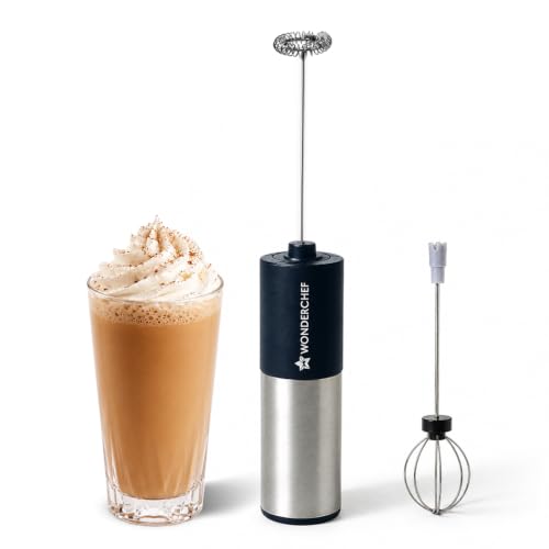 Image of Wonderchef Regalia Milk Frother & Whisk, Kitchen Tool for Coffee, Lattes, Whip Cream, Egg Whisk, AA Battery Operated, Stainless-Steel, Stand-up Design, Easy Single Push Mechanism, Everyday Use, Black