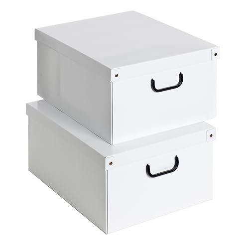 Set aus 2 Aufbewahrungsboxen mit Deckel Weiss – Große Kleiderboxen aus Karton 40x50x25 cm – Robust, leicht zu montieren, mit Tragegriffen – Perfekt für Kleiderschrank & Saisonwechsel Karte