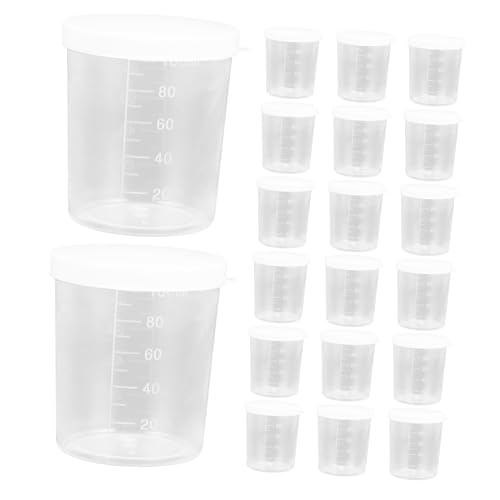 DEARMAMY 20pcs Graduated Measuring Cups with Lids for Laboratory Sample Collection Clear Plastic Storage Containers for Precise Liquid Testing and Mixing Multipurpose Vials for Medical and