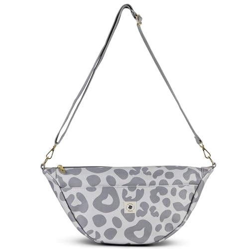 Canvas Moon Bag Damen mit Innen & Außentasche | Perfekt als Crossbody Bag mit verstellbarem Gurt | Umhängetasche Damen auch als Kinderwagen Organizer geeignet | Größe large & small (Leo grau large)