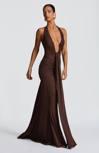 2025 Elegant Classy Maxi Halter Dresses for Women Sexy V-Neck Backless Pleated Bodycon Floor Length Flowy Clothes2