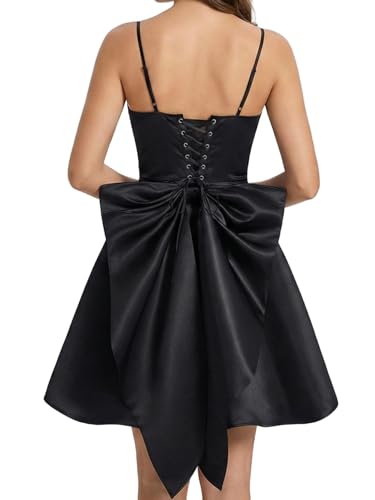 Image of WDIRARA Women's Satin Bow Homecoming Dresses Spaghetti Strap Wedding Guest Gown Summer Mini Dress