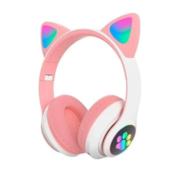 Fone De Ouvido Com Orelha de Gatinho Infantil Headphone Bluetooth com Luzes RGB nas orelhinhas e patinhas para crianças tamanho ajustável dobrável (Rosa/Branco)