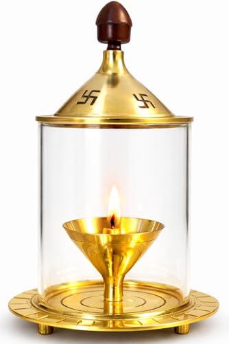 Small Akhand Jyoti Brass Diyas for Pooja (4) Diya Lamp with Glass Cover