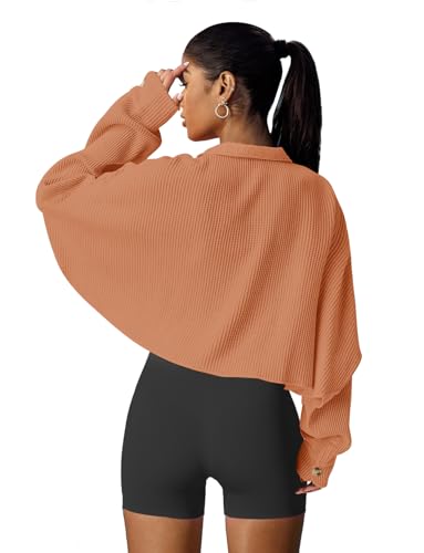 Image of Panadila Women's Cropped Waffle Knit Shacket Short Button Down Jacket Batwing Sleeve Shirts with Pocket