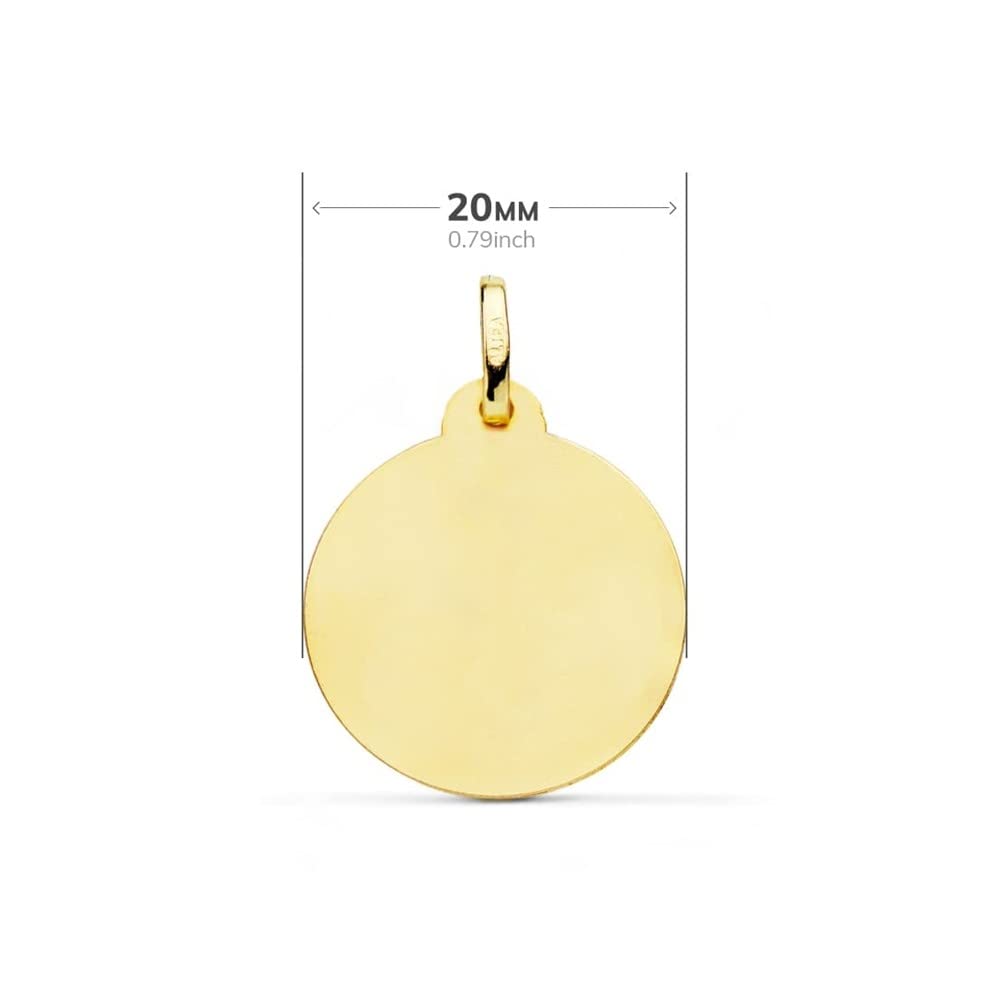 Virgen Niña medalla oro 18k Primera Comunión 20mm. detalles tallados bisel lineas cruzadas