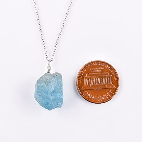Odrilliongems Natural Raw Aquamarine Gemstone Pendant Necklace, Rough Stones And Crystals, 925 Sterling Silver, Rhodium Plated, March Birthstone, Women Jewelry, Christmas Gifts, Size 18" #TOP29