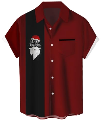 Whoinshop - Chemise de bowling à manches courtes boutonnée vintage hawaïenne décontractée pour homme - Chemise de plage d'été coupe régulière, Père Noël vin de Noël, 3XL