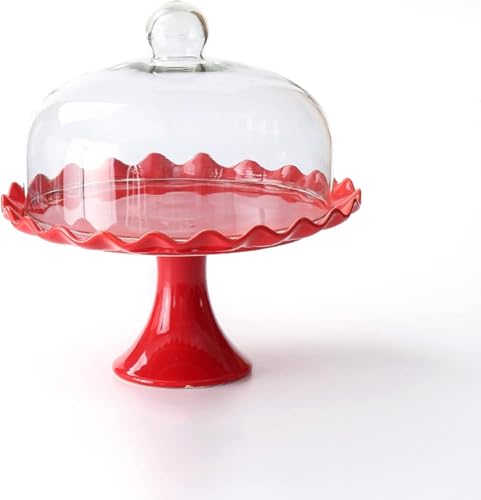 Elegant Red Ceramic Cake Stand with Glass Dome...