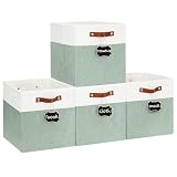Contenitori cubici da 33 cm con fondo e manici in pelle, cestini portaoggetti pieghevoli in tessuto, confezione da 4 scatole di lino per casa, scaffali, armadi e asilo nido (bianco/verde)
