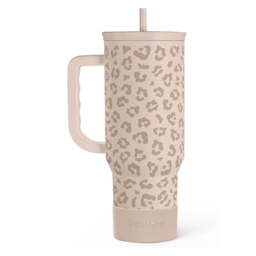 Image of SANDJEST Leopard Tumbler with Handle, Insulated Cup Stainless Steel Travel Mug Cup, Gifts for Women Girl on Birthday Christmas, Tan Leopard, 40oz