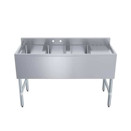 Image of AmGood 48 in. x 18-3 /4 in. Three Compartment Under Bar Sink with Right Drainboard. 48 in. x 18-3 /4 in. x 30 in. with 3 in. Backsplash, 10 in. x 14 in. x 10 in. Bowls. NSF