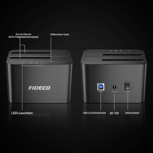 FIDECO HDD Docking Station, Dockingstation für Festplatten, USB 3.0 für 2,5 und 3,5 Zoll SATA HDD/SSD, Dual Bay, unterstützt Offline-Klone