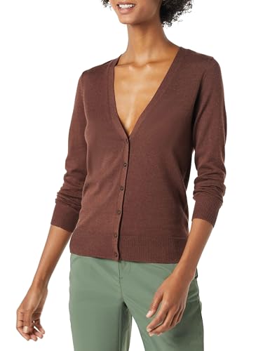Amazon Essentials Women's Lightweight V-Neck Cardigan Sweater, Dark Chestnut Brown Heather, X-Large