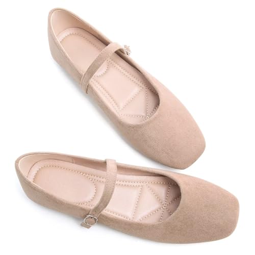 Image of TN TANGNEST Leather Flats for Women Retro Mary Jane Flats | Comfortable Square Toe Slip On Flats with Buckle Strap, Soft Work Flats Office Shoes