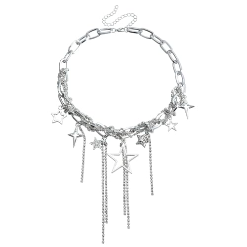 KURTCB Layered Star Choker Necklace Y2k Statement Chunky Rhinestone Bling Fringe Tassel Chain Choker Necklace for Women