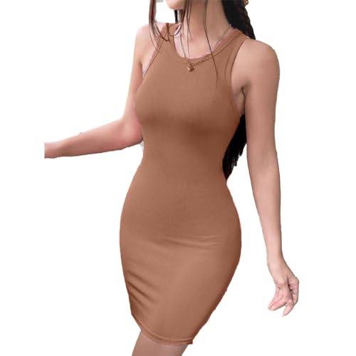 Image of Solid Sleeveless Round Neck Ribbed Western Bodycon Dress For Women