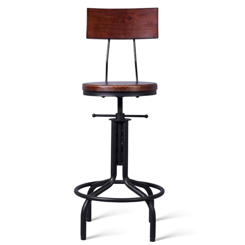 Industrial Antique Design Adjustable Height Metal Bar Stool Set of 2 for Kitchen Dining - Dark Brown Wood