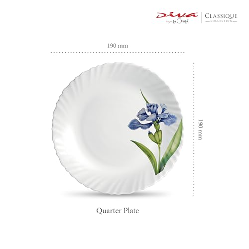 Image of La Opala Diva Classique Collection Opal Glass Crockery | Quarter Plate Set of 6 | Royal Iris Design | for Snacking & Gifting | Microwave Safe | 100% Vegetarian | Extra Strong | Light & White