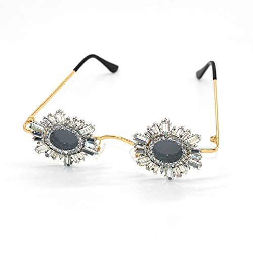 Popular Fashion Small Round Sunglasses Women Retro Punk Shades UV400 Men Clear Ocean Lens Trending Rhinestones Sun Glasses (gold&gray)3