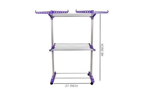 Image of UNIZONE Foldable Double Pole 2-Tier Stainless Steel Clothes Drying Stand with Side Wings | Indoor Outdoor Laundry Hanger Rack for Balcony /Home Use | Space Saver (Purple)