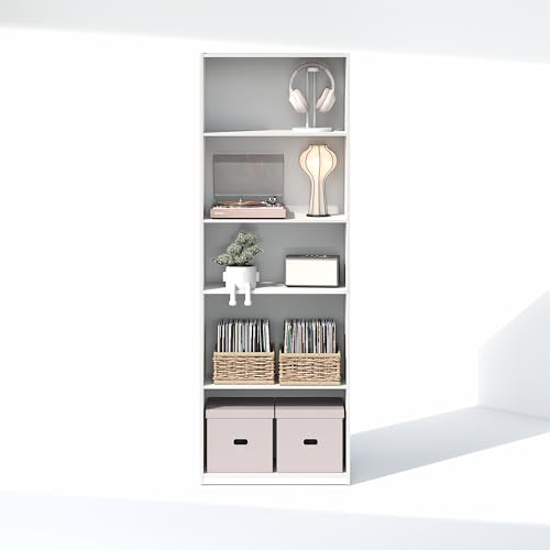 Image of Furinno GEHRY DVD Shelf, 5-Tier CD Rack, Media Shelf with Adjustable Shelves, DVD Storage Cabinets for CD Bluray Game Disc, Easy Assembly, for Living Room, Home Office, White
