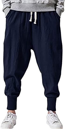 Pengfei Mens Cotton Cargo Pants Joggers Lightweight Elastic Waist Sweatpants Pants Navy - Image 2