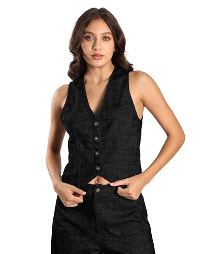 Women's Linen Blend Denim Vest Sleeveless V Neck Button Down Jean Waistcoat Jacket