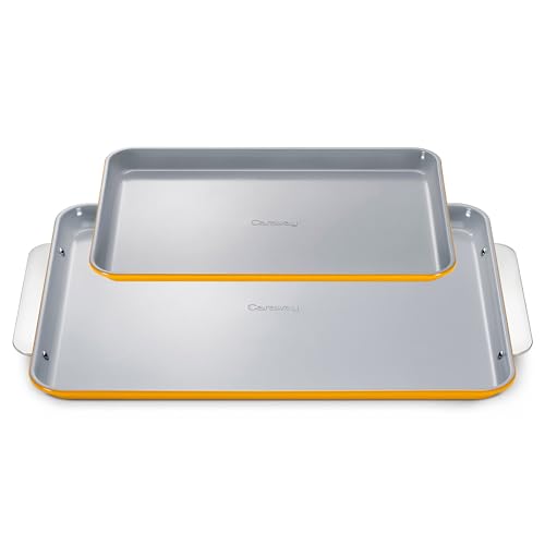 Caraway Non-Stick Ceramic Baking Sheet Duo - Naturally Slick Ceramic Coating - Non-Toxic, PTFE & PFOA Free - 18 x 13" Large & 15 x 10" Medium - Marigold