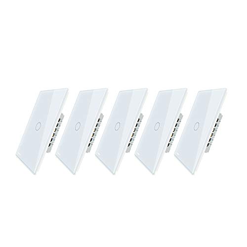 LIVOLO Light Switch((No Neutral)), Tempered Glass Panel Touch Light Switch with Indicator Light, Modern Wall Touch Switch, 1 Gang 1 Way, White,Single Pole Switches,5 Pack,C501-11-5P