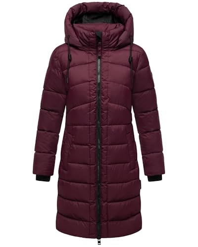 MARIKOO Damen Langer Wintermantel warmer Steppmantel mit abnehmbarer Kapuze Kaltnäschen 16 Wine Gr. M
