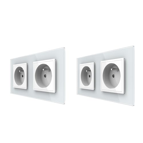 LIVOLO AC Double prise de courant avec mise à la terre étanche panneau de verre cristal standard français nouvelle prise murale,2 Paquets,16A,Blanc