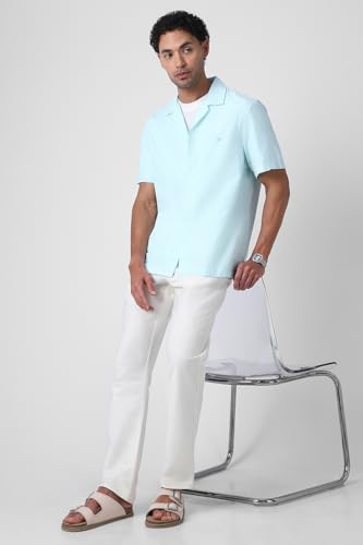 Image of Peter England Men's Casual Half Sleeve Resort Collar Shirt in 100% Cotton Seersucker with Striped Design