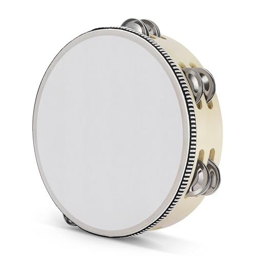 Flexzion Wood Handheld Tambourine for Adults 8-Inch Double Row 8-Pair Jingles (Wood) - Percussion Round Tamborines Musical Instrument with Metal Zills