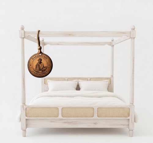Image of Sheesham Solid Wood Allure Poster Bed for Bedroom | Handmade Wooden Cot | Elegant Four Poster King Size Bed Frame (Rustic White, Queen, Allure (Cane 1))