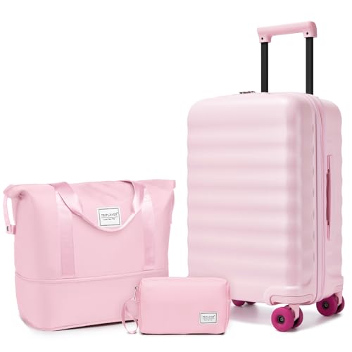 TRIPLAYER Luggage Sets 3 Piece Carry On Luggage 22x14x9 Airline Approved PC Hardside Suitcase Set with Wheels TSA Lock Durable Carry-On Suitcase with Duffel Bag for Women (Pink)