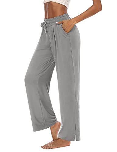 DIBAOLONG Womens Wide Leg Yoga Pants Loose Comfy Drawstring Sweatpants Casual Lounge Pajamas Palazzo Pants with Pockets Light Gray XL