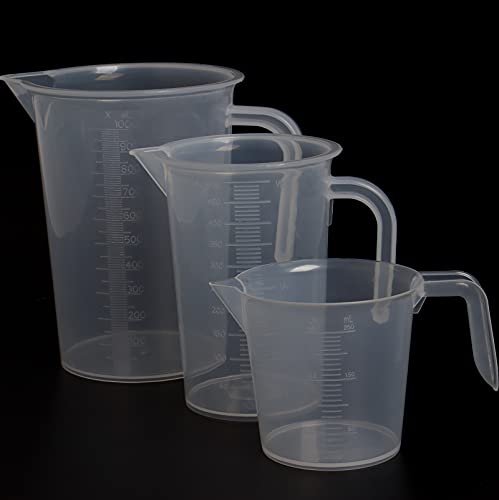 popokk Plastic Measuring Cup Set of 3 Stackable Clear Measuring Jug Plastic Graduated Measuring Cups for Measure & Mix Flour Oil Powder and Baking Items (250ml/500ml/1000ml)